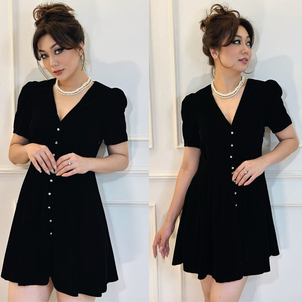 Zara Velvet Crystal Diamond Gem Button Dress Black Size XS